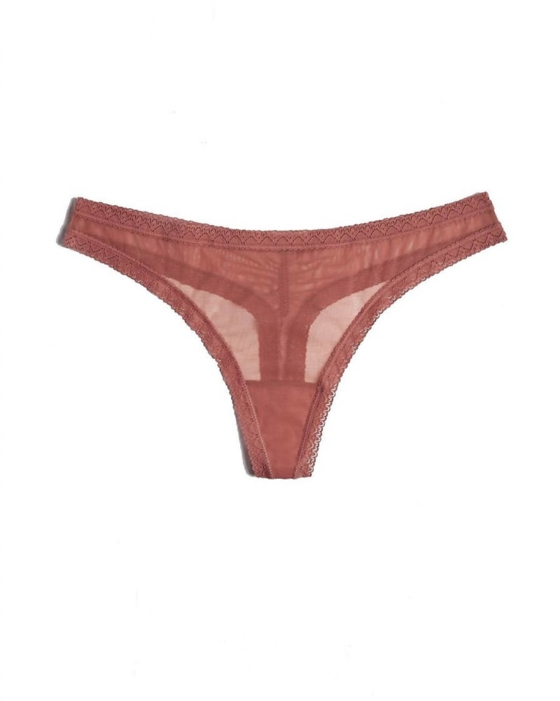 Front of a size XL Mesh Lace Trim Thong Panty in Nutmeg in Nutmeg by Blush Lingerie. | dia_product_style_image_id:363275